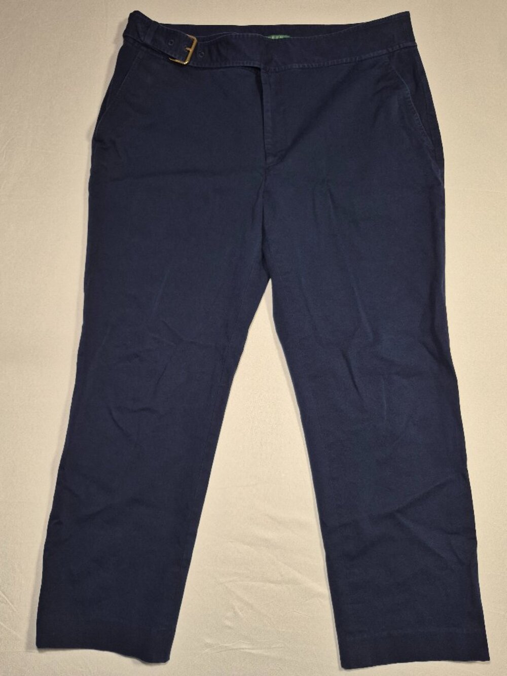Lauren Ralph Lauren Pants Women Sz 12 Navy Blue Chino Capri Belted Gold Stretch